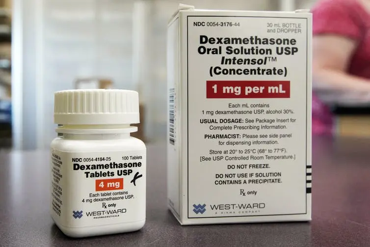 A photo showing a bottle of dexamethasone.