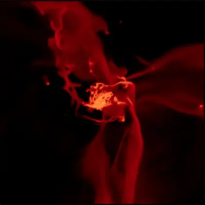 image from a simulation of galaxy formation shows streams of gas feeding the growing galaxy The newly discovered gas clouds may be part of a cold flow of gas similar to these streams image from a simulation of galaxy formation shows streams of gas feeding the growing galaxy The newly discovered gas clouds may be part of a cold flow of gas similar to these streams
