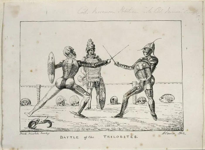 An English print (ca 1844-1847) by artist Gideon Algernon Mantell of Two men dueling, dressed in armour comprising trilobite exoskeletons, being watched by a third man dressed as a medieval herald, but with a shell instead of a helmet, while a row of spectators with fossils and shells for hats observes, via Wikimedia Commons An English print (ca 1844-1847) by artist Gideon Algernon Mantell of Two men dueling, dressed in armour comprising trilobite exoskeletons, being watched by a third man dressed as a medieval herald, but with a shell instead of a helmet, while a row of spectators with fossils and shells for hats observes, via Wikimedia Commons