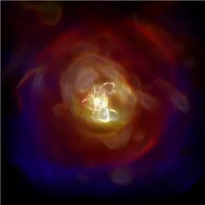 Gas around young galaxy artist rendition Gas around young galaxy artist rendition