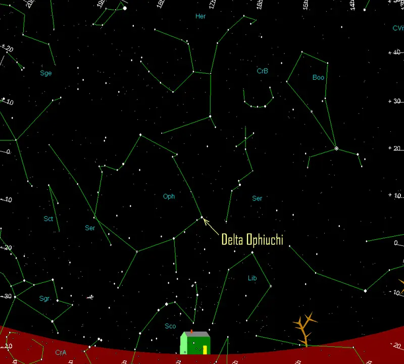 Star chart to see Roma occultation of Delta Ophiuchi Star chart to see Roma occultation of Delta Ophiuchi