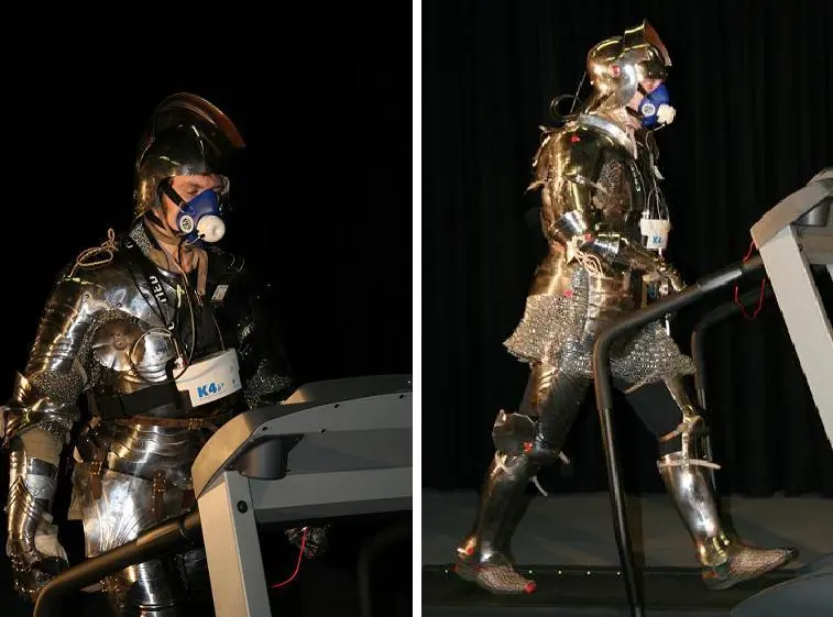 Federico Formenti trying a Medieval armour (left panel). A participant during the experiments (right panel). Federico Formenti trying a Medieval armour (left panel). A participant during the experiments (right panel).