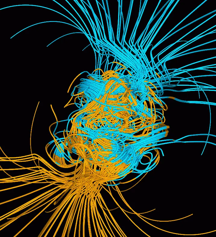 A supercomputer model of flow patterns in Earth's liquid core, by Dr. Gary A. Glatzmaier - Los Alamos National Laboratory - U.S. Department of Energy, via Wikimedia Commons A supercomputer model of flow patterns in Earth's liquid core, by Dr. Gary A. Glatzmaier - Los Alamos National Laboratory - U.S. Department of Energy, via Wikimedia Commons