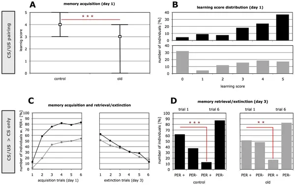 Acquisition memory retention and extinction in old forager bees as compared to mature controls Acquisition memory retention and extinction in old forager bees as compared to mature controls