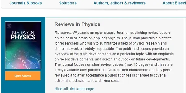 Reviews In Physics - A New Journal